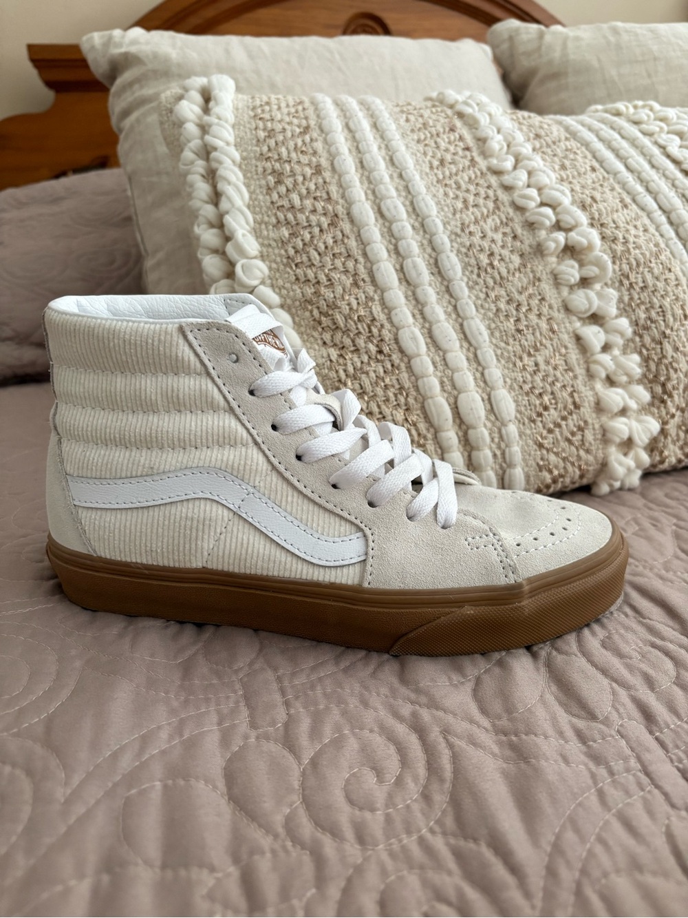 Vans Sk8-Hi Cream White Corduroy Suede Gum Sole High Top Sneakers